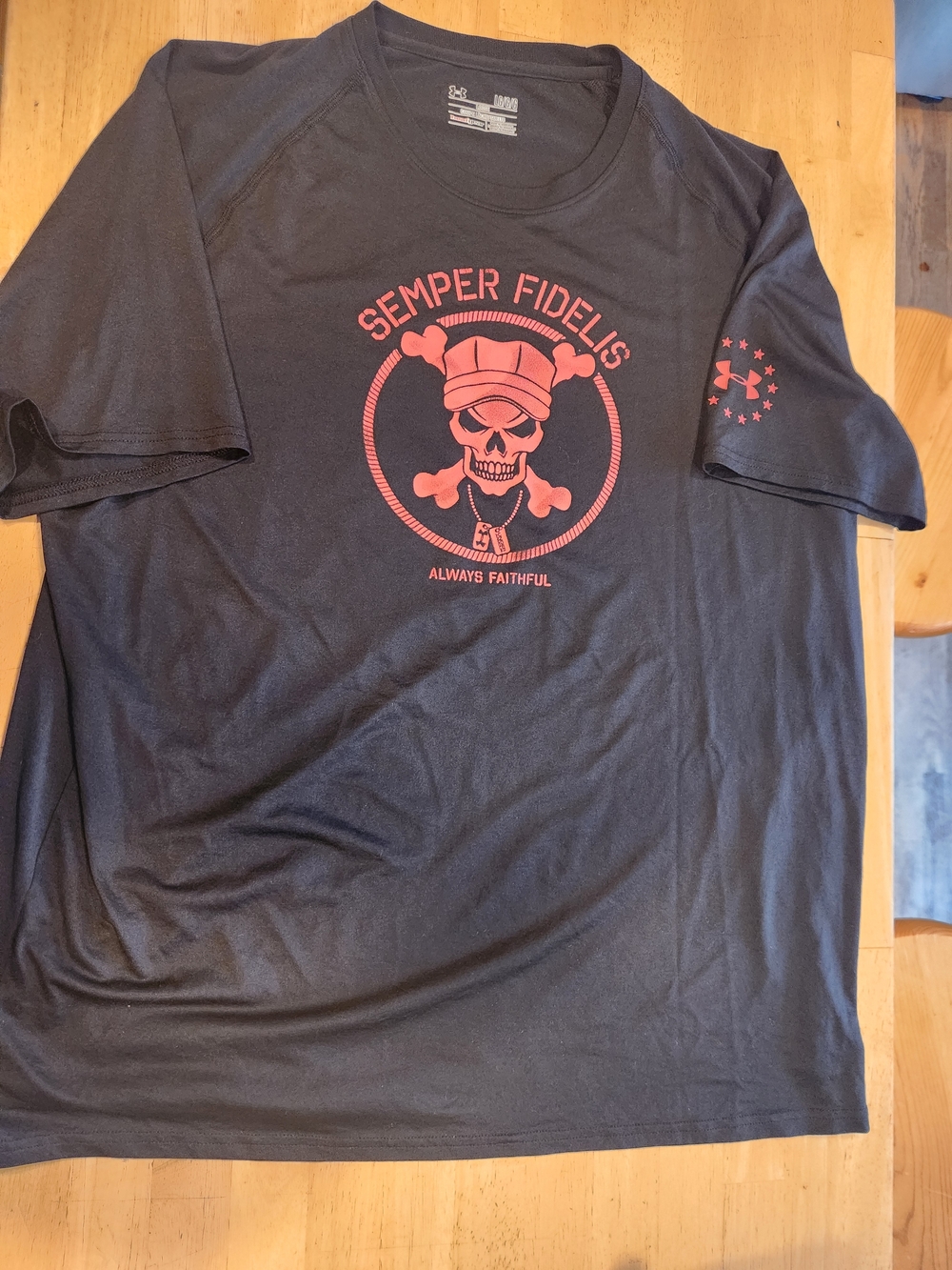 Under Armour Black Tee with Red 'Semper Fidelis' Skull Graphic